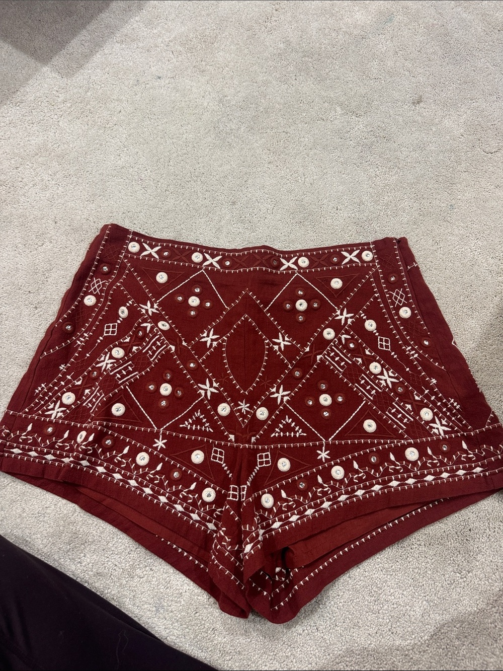 Zara Burgundy High-Waist Embroidered Shorts